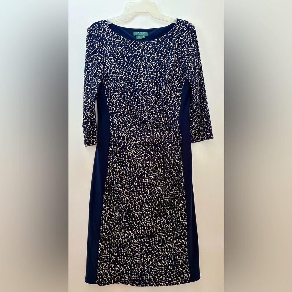 Ladies Lauren Ralph Lauren 3/4 Sleeve Animal Print Navy/Cream Lined Dress 10